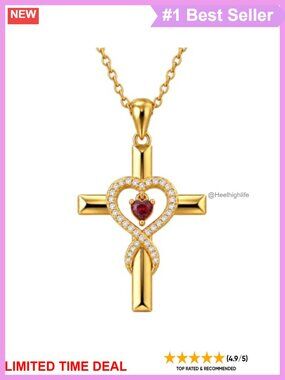 14K Gold Plated Cross Heart Pendant Necklace Stainless Chain